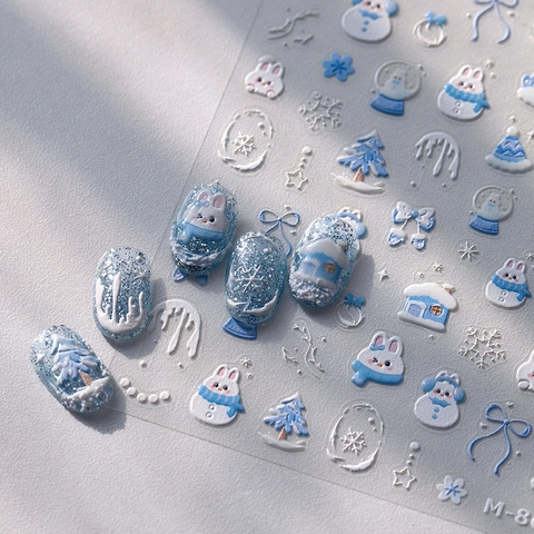 Stickers Ongles Relief 5D Hiver Noël Flocon Neige Lapin Auto Adhésifs Décalcomanies Bleu Blanc Pour Manucure