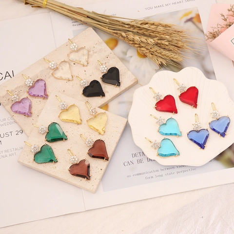 Orecchini Pendenti Cuore Rame Con Zirconi E Vetro Fiore Ciondolo Asimmetrici Vintage Gioielli Eleganti Per Donne