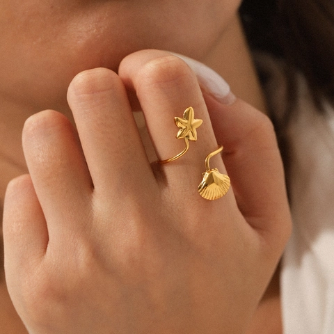 Starfish Shell Open Ring 18K Gold Plated Stainless Steel Adjustable Ocean Summer Beach Jewelry For Women Hypoallergenic