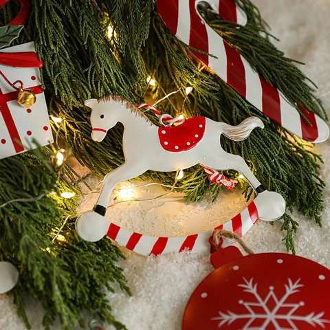 Christmas Ornaments Metal Tinplate Hand Painted Retro Hanging Decorations Holiday Tree Decor Santa Snowman Rocking Horse