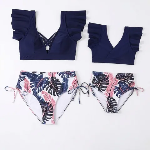 Damen Mädchen Mommy And Me Bikini Oberteil Und Hose Hohe Taille Rüschen V Ausschnitt Nylon Punkte Tropischer Blumendruck