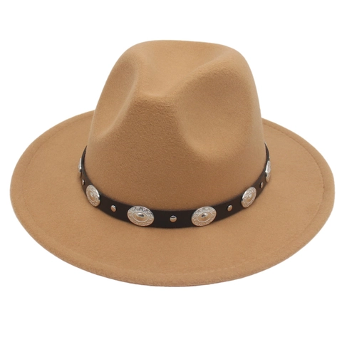 Retro Fedora Hat Wide Brim Cotton Polyester Felt Western Style With Leather Belt And Metal Studs For Men Women