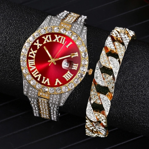 Luxury Men Hip Hop Rhinestone Watch With Cuban Bracelet Set Gold Silver Stainless Steel Zirconia Quartz Wristwatch