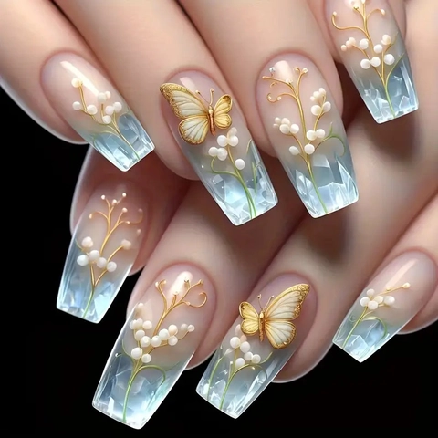 Press On Nails With 3D Gold Butterfly And Artificial Pearl Flowers Blue Gradient French Long Square ABS False Nails For Women