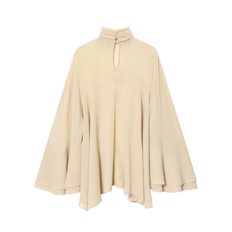 Damen Künstliche Perlen Chiffon Bluse Hochgeschlossen Cape Stil Lagenlook Volantärmel Plissee Oberteil Elegant Büro Beige