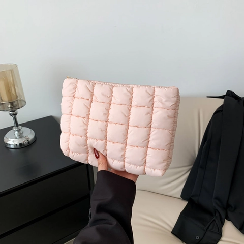 Women Quilted Pouch Clutch Bag Soft Padded Cotton Nylon Square Grid Pattern Fashion Daily Makeup Organizer Cosmetic Bag Zipper