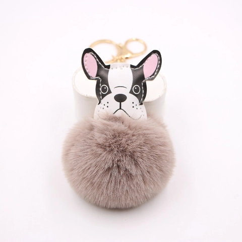 French Bulldog Pom Pom Keychain PU Leather Cartoon Dog Head Soft Faux Fur Bag Charm Decorative Accessory