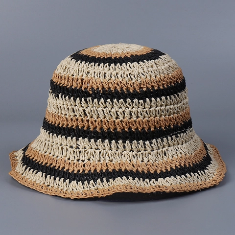 Women Striped Paper Straw Bucket Hat Foldable Crochet Hand Woven Sun Protection Summer Beach Fashion Wavy Brim Lightweight