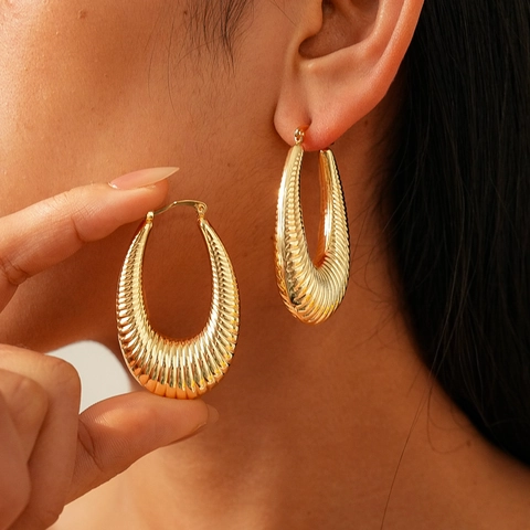 Pendientes De Aro Ovalados Metal Acanalado Plisado Geométrico Estilo Vintage Joyería Minimalista Para Mujeres