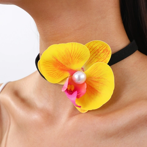 Butterfly Orchid Floral Choker Necklace With Satin Ribbon And Faux Artificial Pearl Adjustable Bohemian Style Jewelry For Women Gift