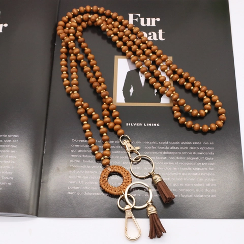 Lanière en Bois de Style Bohême Avec Anneau en Rotin et Gland Fait à la Main Tissé Porte-badge Porte-clés Collier pour Femmes Décoration Quotidienne