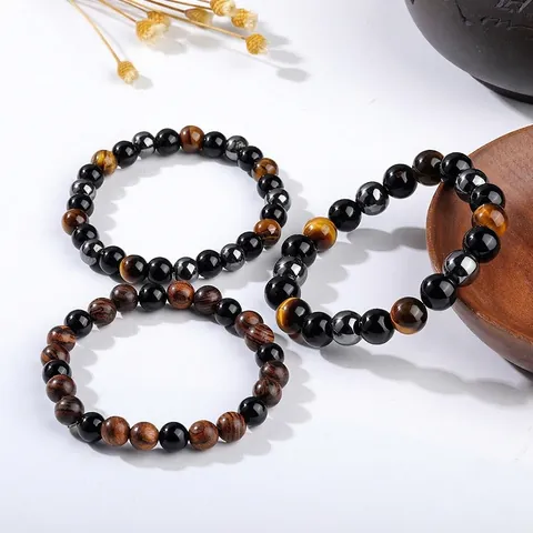 Natural Tiger Eye And Obsidian Beaded Bracelet With Sandalwood Hematite Stone Jewelry Gift For Men And Women