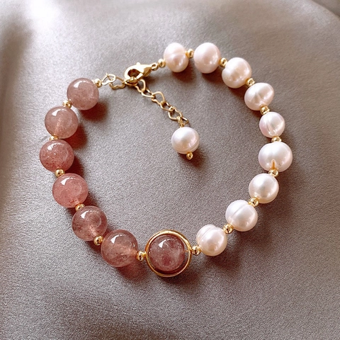 Elegante Bracciale Di Künstliche Perle Con Perla Artificial Naturale E Quarzo Cristallo Fragola Rosa Per Donna Stile Francese Placcato Oro