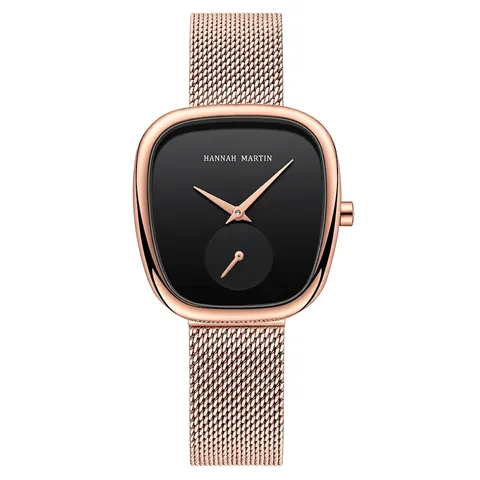 Hannah Martin Luxury Women Quartz Watch Tonneau Design Stainless Steel Mesh Strap Waterproof Fashion Ladies Wristwatch