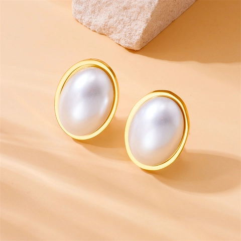 Collana Orecchini E Anello Regolabile Vintage In Acciaio Inossidabile Placcato Oro Perla Artificial Imitazione Ovale Da Donna