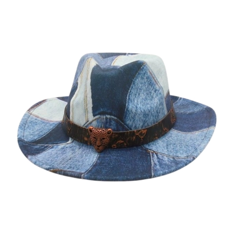 Vintage Heart Crown Denim Patchwork Fedora Hat With Leopard Head Buckle Western Cowboy Style Wide Brim Jazz Cap