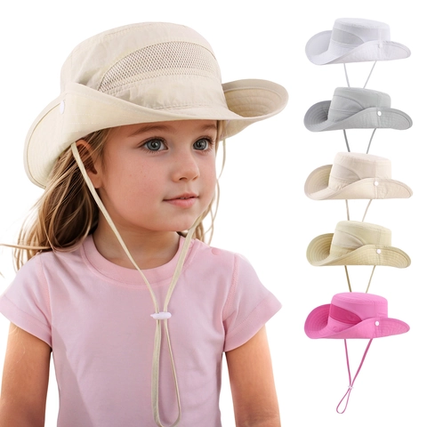 Kids Outdoor Sun Hat Polyester Mesh Breathable Bucket Hat Wide Brim Adjustable Windproof Drawstring UV Protection