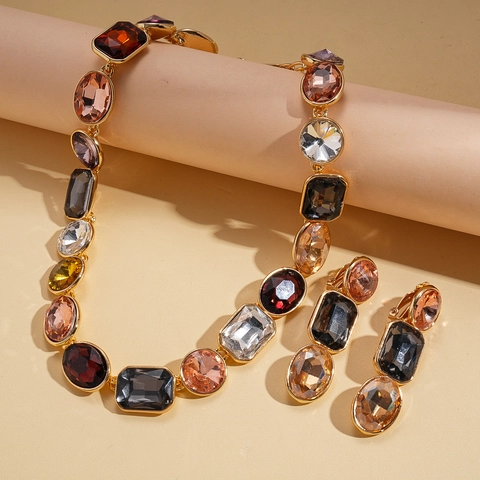 Retro Geometric Jewelry Necklace And Earrings Multi-Color Rhinestone Alloy Ethnic Style Sweater Chain Luxury For Women