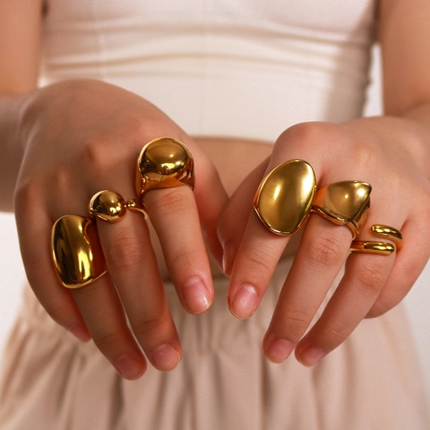 Chunky Geometric Rings 18K Gold Plated Stainless Steel Waterproof Minimalist Exaggerated Polished Jewelry For Women