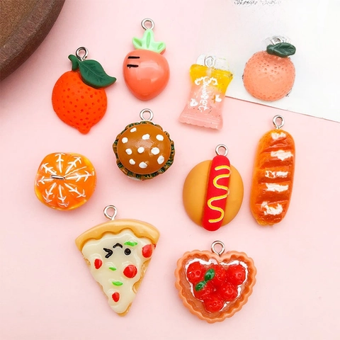 Food Charms Resin Pendants Hamburger Pizza Orange Bread Carrot Shape DIY Jewelry Making Accessories Cute Cartoon Style