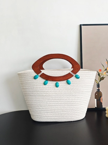 Gewebte Handtasche Aus Baumwollseil Holzgriff Türkisperlen Böhmische Urlaubs Tote Bag Für Frauen Vintage Casual Stil