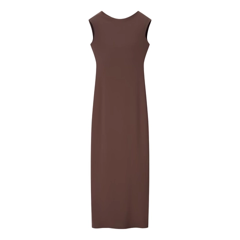 Ärmelloses Maxikleid Strick Drapiertem Ausschnitt Rücken Metallkette Rosendekor Schmale Passform Elegant Damen