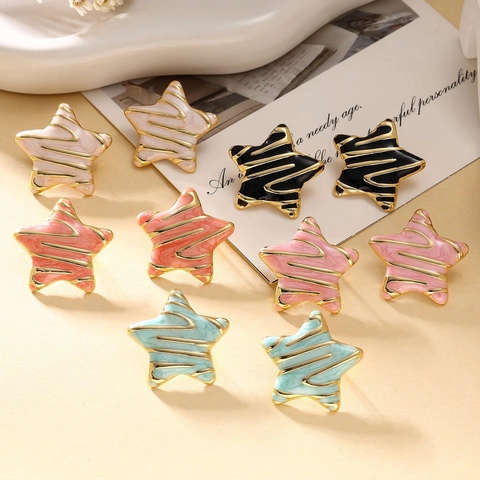 Retro Enamel Oil Dripping Star Stud Earrings For Women Stainless Steel French Style Marble Texture Star Geometric Earrings