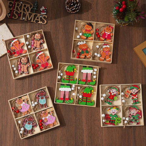 Christmas Tree Wooden Pendants Gingerbread Man Elf Cartoon Painted Wood Hanging Ornaments Festive Holiday Party Decoration