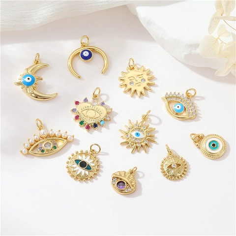 Evil Eye Anhänger Für Schmuckherstellung Kupfer Zirkon Emaille Charms Retro Sonne Mond Herzform DIY Halskette Zubehör
