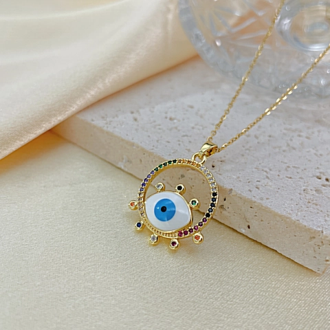 Collana Con Pendente Malocchio in Acciaio Inossidabile Oro per Donna Lusso Leggero Strass Multicolore Charm Tondo Gioielli Boho