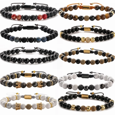 Naturstein Perlenarmband Verstellbar Handgefertigt Gewebtes Seil Mikro Pave Zirkonia Kugel Kupferperlen Schmuck