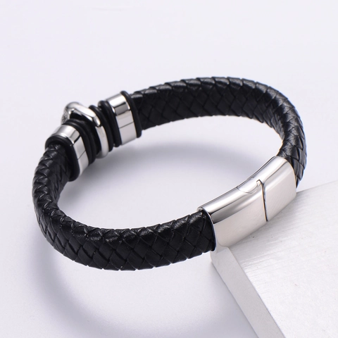 Herren Geflochtenes Lederarmband Mit Edelstahl Buddha Kopf Anhänger Und Magnetverschluss Ethno Stil Schwarz