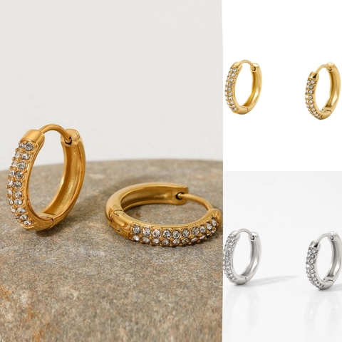 Stainless Steel Cubic Zirconia Hoop Earrings Round Sparkling Crystal Huggie Minimalist Elegant Jewelry For Women