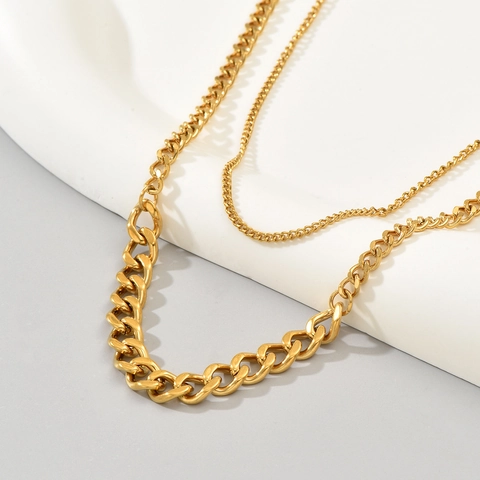 Minimalist Gold Plated Stainless Steel Double Layer Heart Pendant Necklace For Women Men Fashion Curb Chain Jewelry