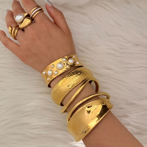 Stainless Steel Bracelet And Ring For Women Elegant Gold Plated With Imitation Artificial Pearl Tiger Eye Stone Hammered Wave Trendy