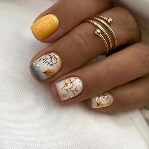 Short Square Round Press On Nails Resin Artificial Nails Autumn Leaf Floral Letter Print Retro Gentle Style For Women