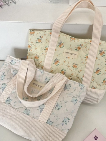 Gebloemde Gewatteerde Katoenen Handtas Met Corduroy Patchwork Vintage Tote Bag Dames Casual Commute Retro Canvas Padded Tas