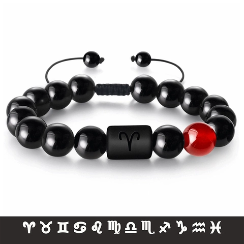 Pulsera De Cuentas De Signos Del Zodiaco Piedra Natural Ágata Ojo De Tigre Cuerda Tejida Ajustable Joyería Unisex