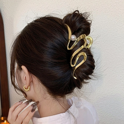 Pinza Para El Cabello Grande De Metal Diseño De Curva En S Ondulada Perla Artificial Elegante Minimalista Horquillas Para Mujeres Accesorio