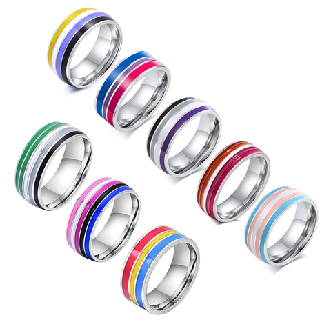 Bague Anneau en Acier Inoxydable à Rayures en Émail Coloré Drapeau LGBTQ Pride Bijoux Mode Unisexe Cadeau Accessoire