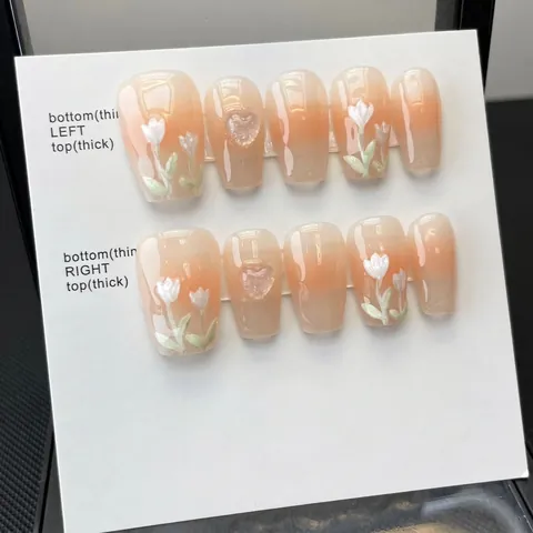 Handmade Press On Nails Reusable Full Cover 3D Flower Tulip Heart Decor Gradient French Style For Women