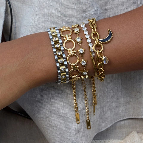 Bracciale Luna Stella Zircone Acciaio Inossidabile Placcato Oro 18K Gioielli Chic Minimalisti Regolabili Donna