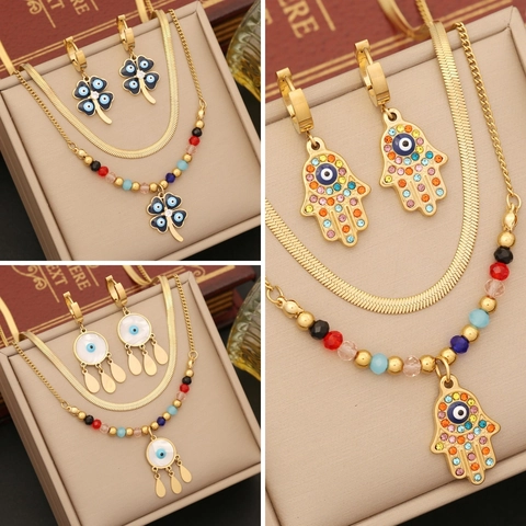 Stainless Steel Double Layer Necklace Earrings Hamsa Hand Evil Eye Pendant Gold Plated Colorful Beads Jewelry For Women