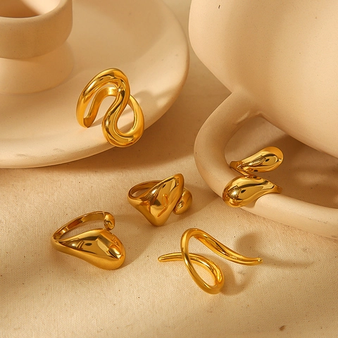 Irregular Liquid Metal Rings Women 18K Gold Plated Stainless Steel Adjustable Open Band Minimalist Abstract Jewelry Chic