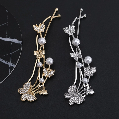Butterfly Hair Clip Alloy Rhinestone Faux Artificial Pearl Side Clip Elegant Fashion Hair Accessories For Women