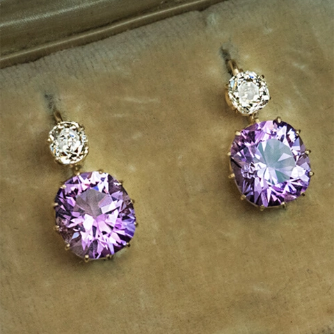 Orecchini Pendenti In Rame Vintage Con Zircone Viola Taglio Cushion E Gemme Tonde Bianche Gioielli Per Donna
