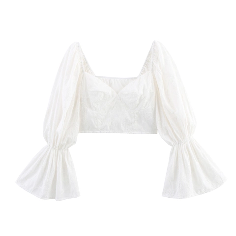 Damen Spitze Bestickt Crop Top Eckiger Ausschnitt Lange Ausgestellte Puffärmel Elegant Süß Weiß Bluse