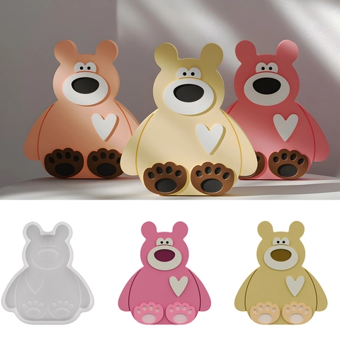 DIY Sitting Bear Silicone Mold For Plaster Resin Soap Chocolate Cake Ornament Making Cartoon Animal With Heart Pattern