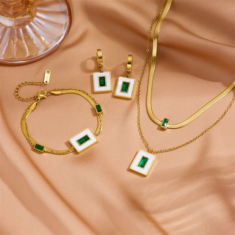 Vintage Stainless Steel Emerald Green Zirconia Jewelry Set For Women Gold Plated Square Pendant Necklace Earrings Bracelet Set