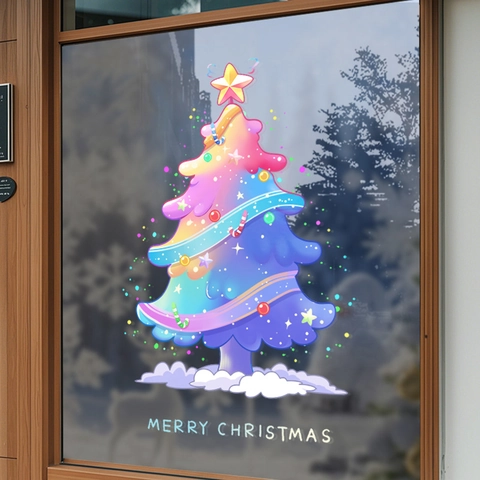 Christmas Tree Window Cling Rainbow Gradient PVC Static Sticker Double Sided Removable No Glue Holiday Glass Decoration